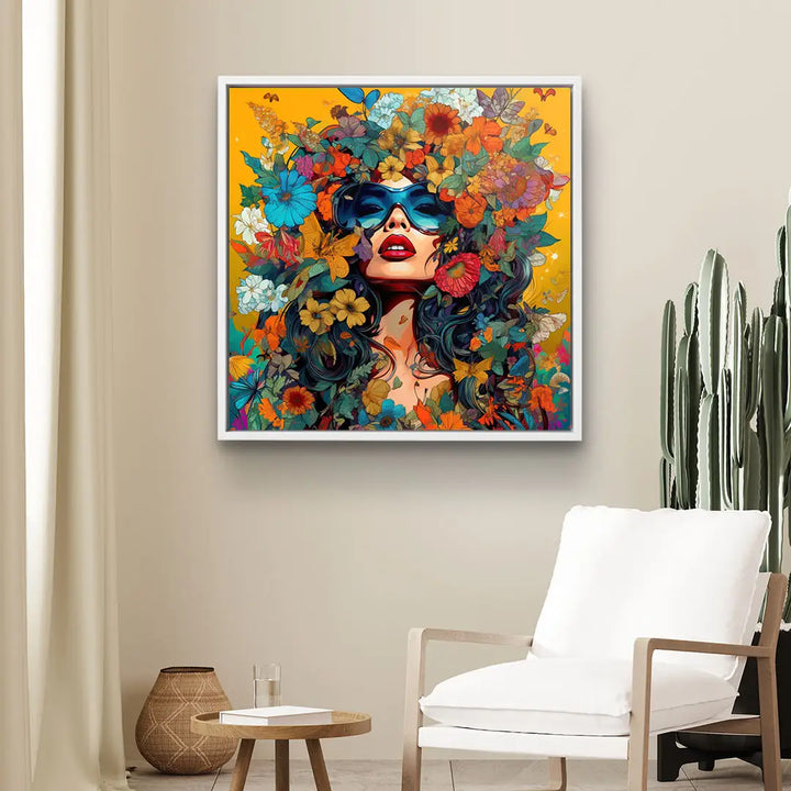 Modernes Wandbild mit Frau, bunten Blumen und Sonnenbrille auf gelbem Hintergrund, Wohnzimmer