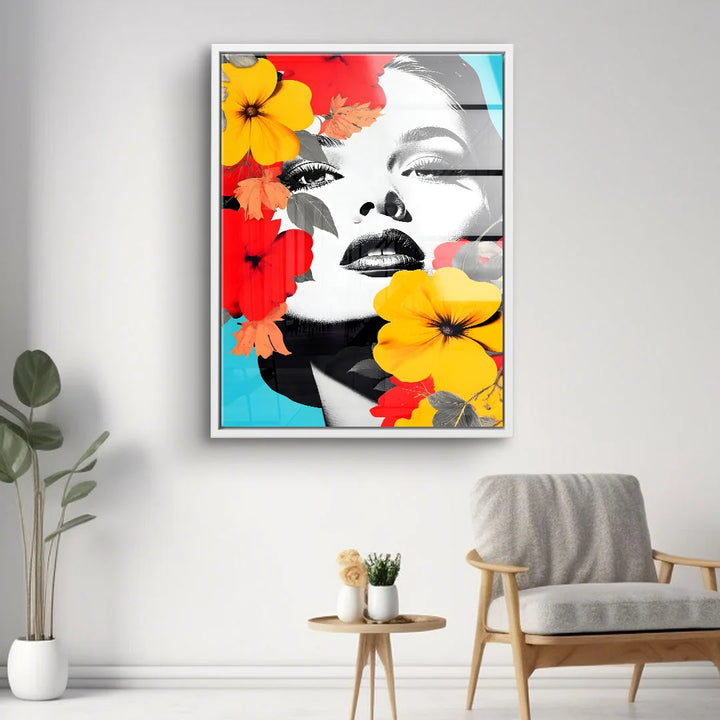 Modernes Wandbild mit Frauenporträt und bunten Blumen im Wohnzimmer, Pop Art Stil