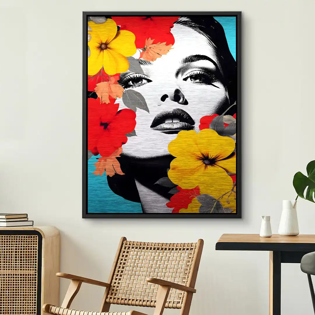 Modernes Wandbild mit Frauenporträt in Schwarzweiß, umgeben von bunten Blumen, Wohnzimmer-Deko