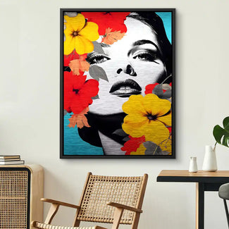 Modernes Wandbild mit Frauenporträt in Schwarzweiß, umgeben von bunten Blumen, Wohnzimmer-Deko