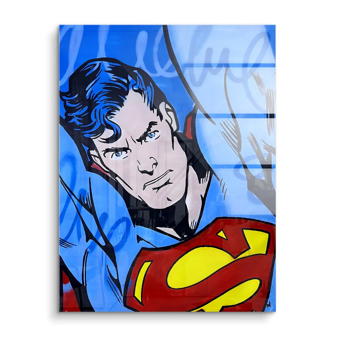 Pop Art Wandbild mit Comic-Superheld im blauen Anzug auf Acrylglas, modernes Design