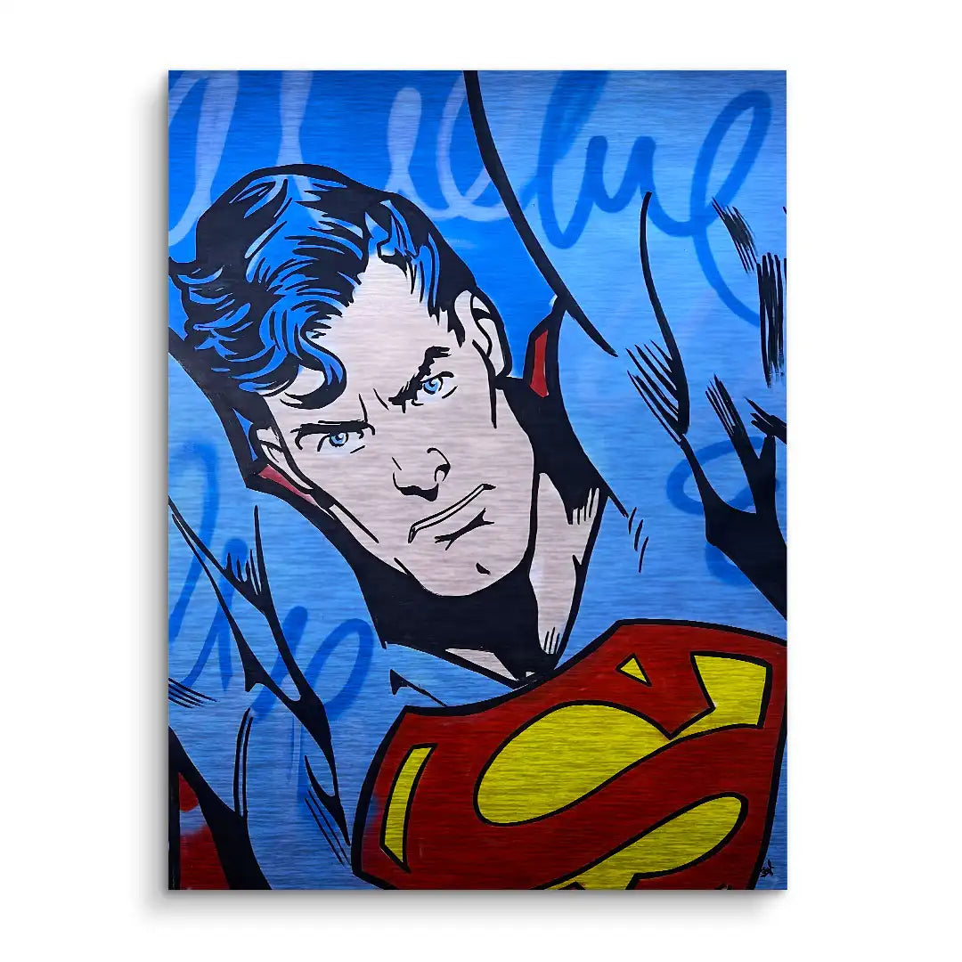 Modernes Wandbild im Pop Art Stil, fliegender Superheld auf blauem Hintergrund