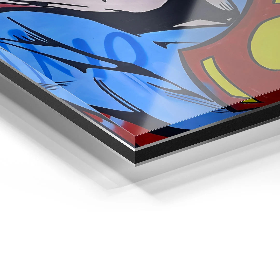Detailansicht eines farbenfrohen Acrylglas-Wandbildes mit Comic-Motiv in Blau und Rot