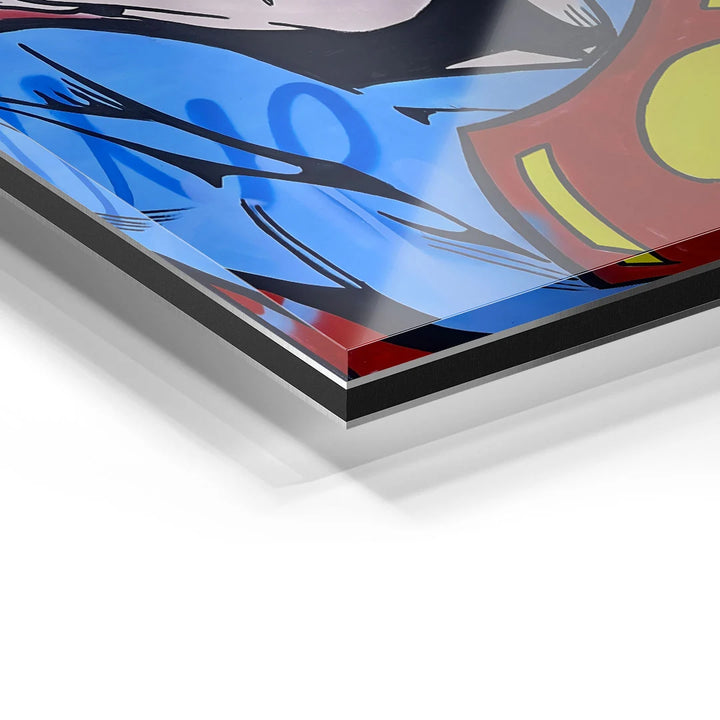 Detailansicht eines farbenfrohen Acrylglas-Wandbildes mit Comic-Motiv in Blau und Rot