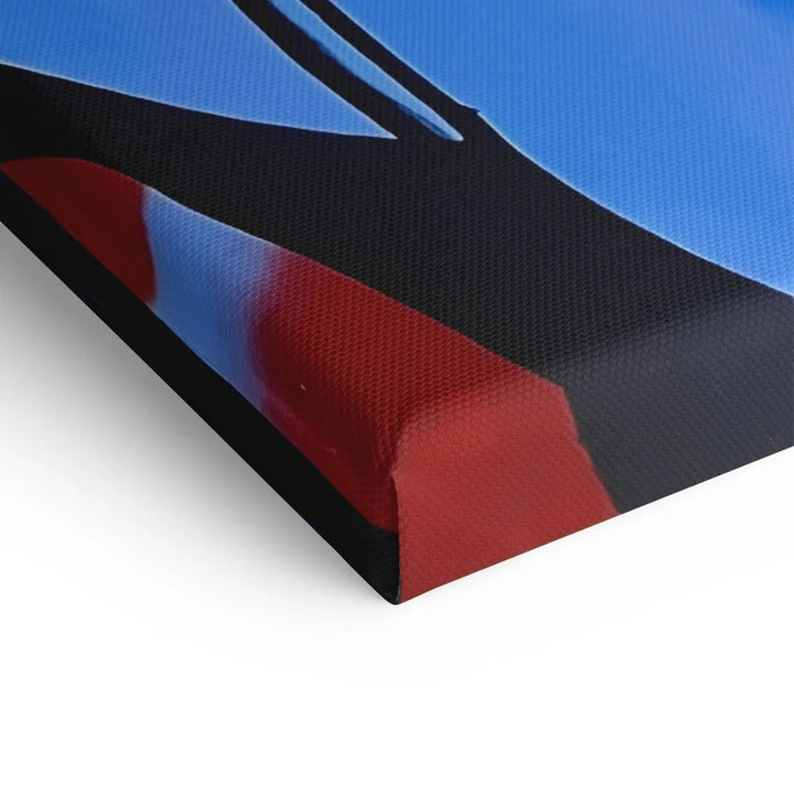Detailaufnahme Leinwanddruck Wandbild, kräftige Farben in Blau, Rot und Schwarz