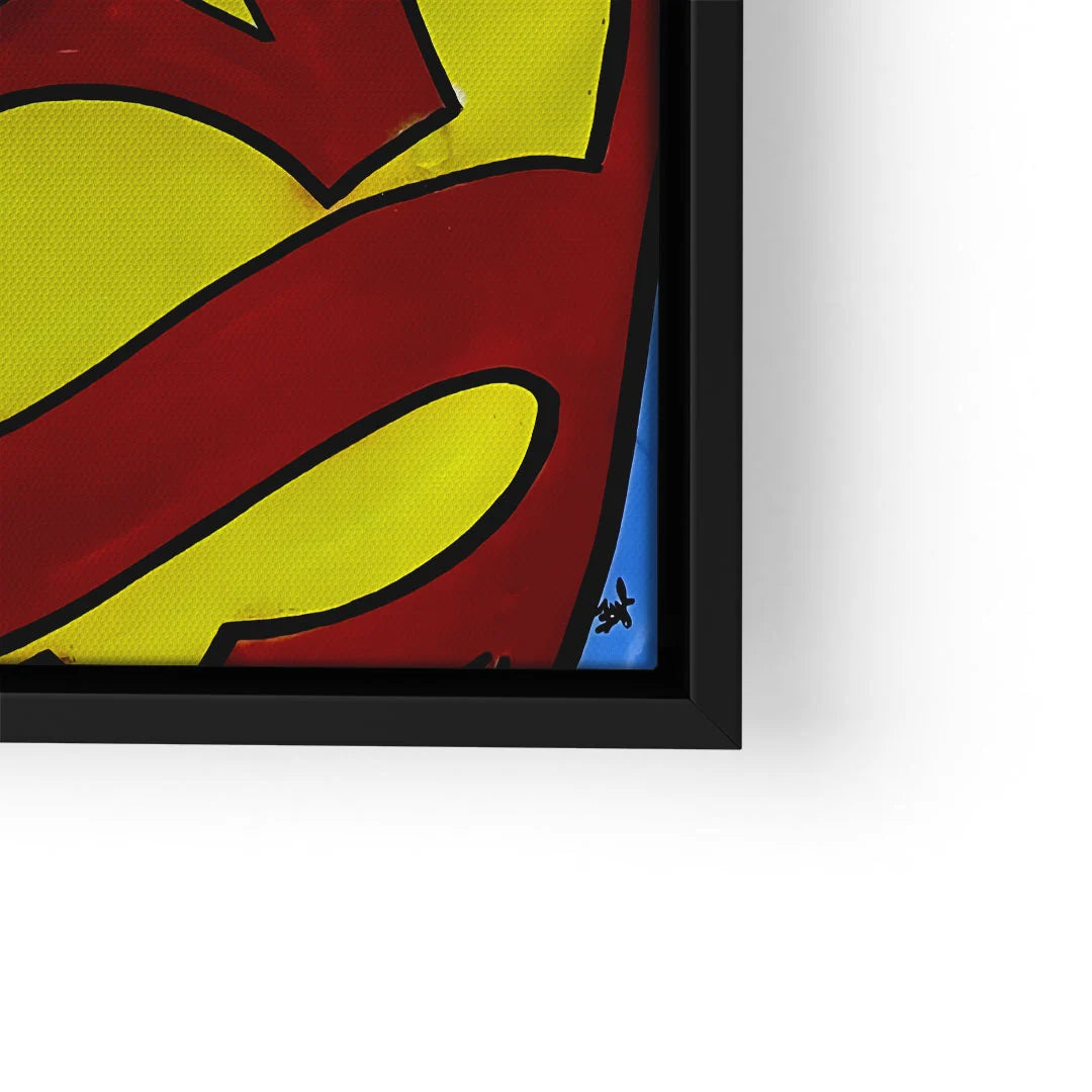Modernes Wandbild in Pop Art Stil, zeigt rotes und gelbes Symbol auf Leinwand, schwarzer Rahmen
