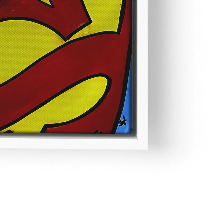 Modernes Wandbild mit rotem und gelbem Pop Art Symbol im weißen Rahmen, Comic Kunst