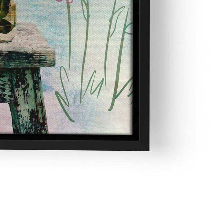 Wandbild mit rustikaler Holzbank und floralen, grünen Linien auf Leinwand in schwarzem Rahmen