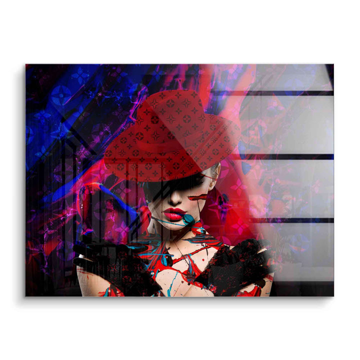 Modernes Wandbild Frau mit rotem Hut, Pop Art Stil, abstrakte Farben, Acrylglas