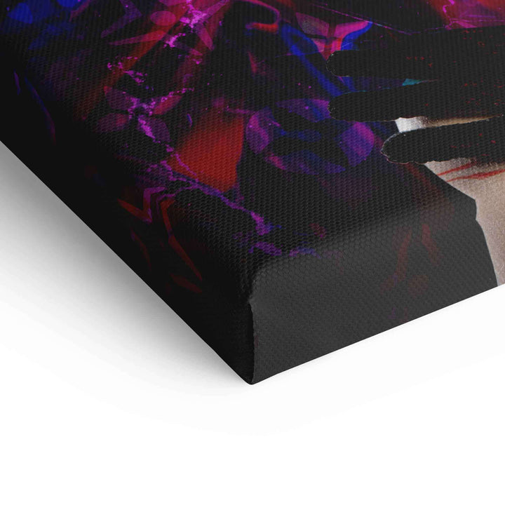 Detailansicht eines modernen Wandbilds auf Leinwand mit abstrakten roten und violetten Formen