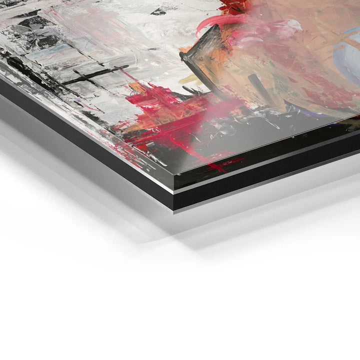 Detailansicht eines modernen Acrylglas-Wandbilds mit abstrakten roten und schwarzen Farbflächen