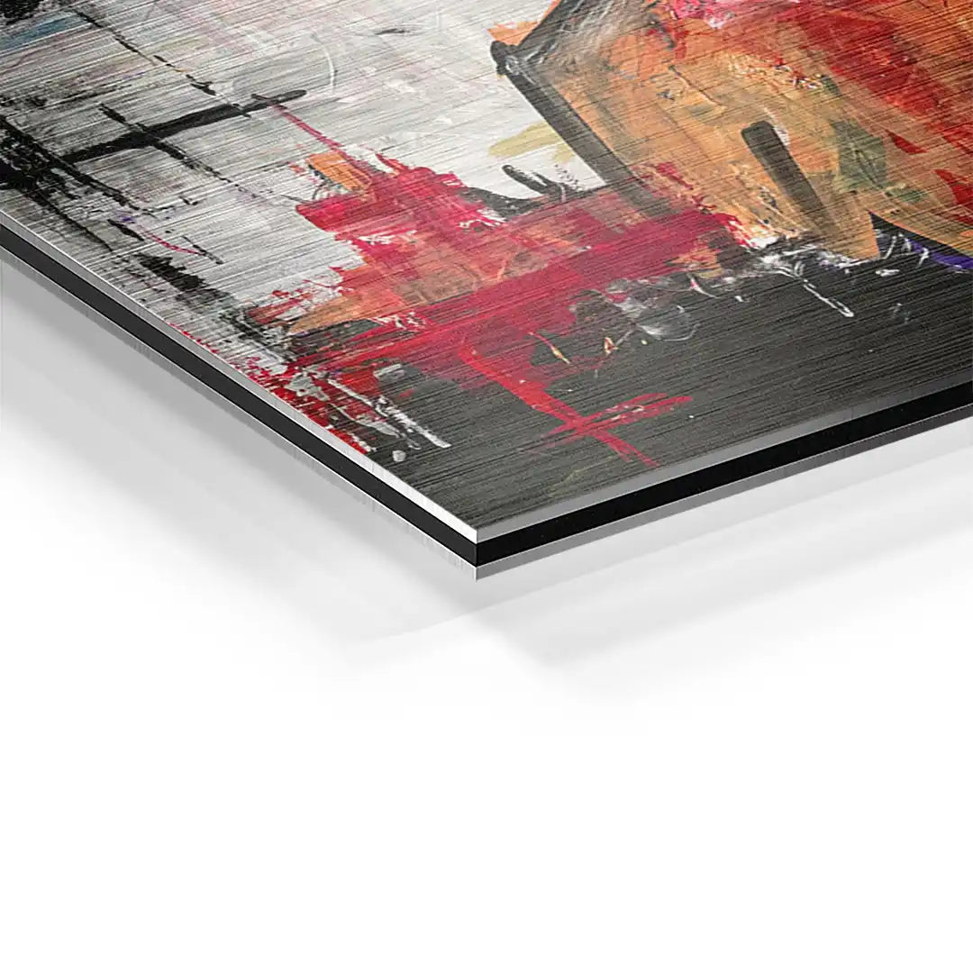 Detailaufnahme modernes Wandbild auf Aluminium mit abstrakten roten und schwarzen Farben