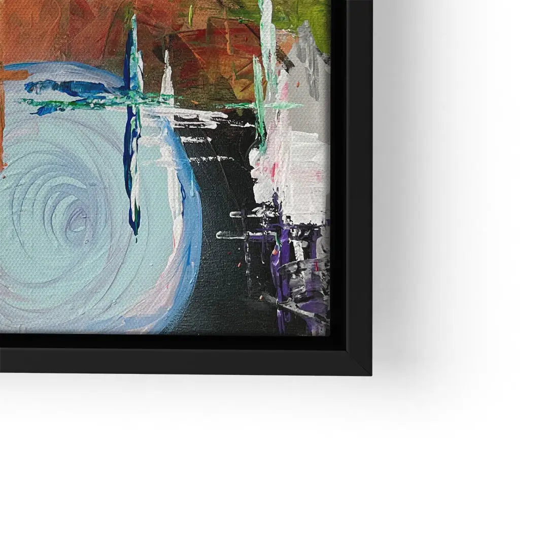 Abstraktes Wandbild mit bunten Pinselstrichen und modernem Design im schwarzen Rahmen