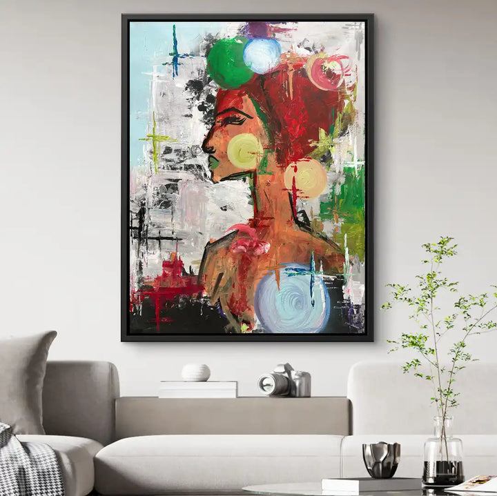 Abstraktes Wandbild Frau bunt modern auf Leinwand im Wohnzimmer, kunstvolles Motiv