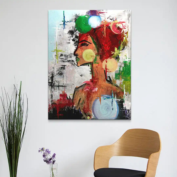 Abstraktes Wandbild einer Frau im Profil mit bunten Farben, modernes Kunstwerk auf Leinwand