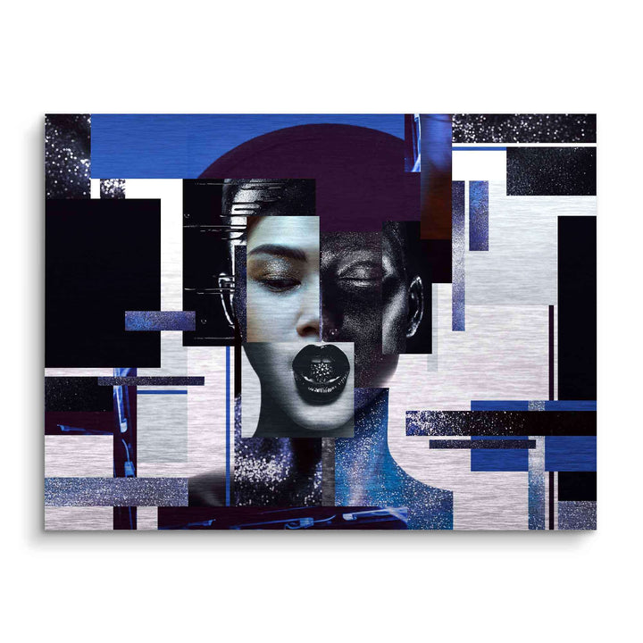 Modernes Wandbild Frauenkopf, abstrakte Collage in Blau, Silber und Schwarz