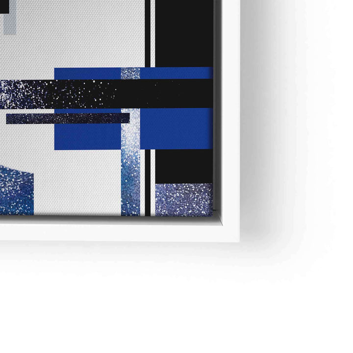 Modernes abstraktes Wandbild mit blauen, schwarzen und weißen geometrischen Formen