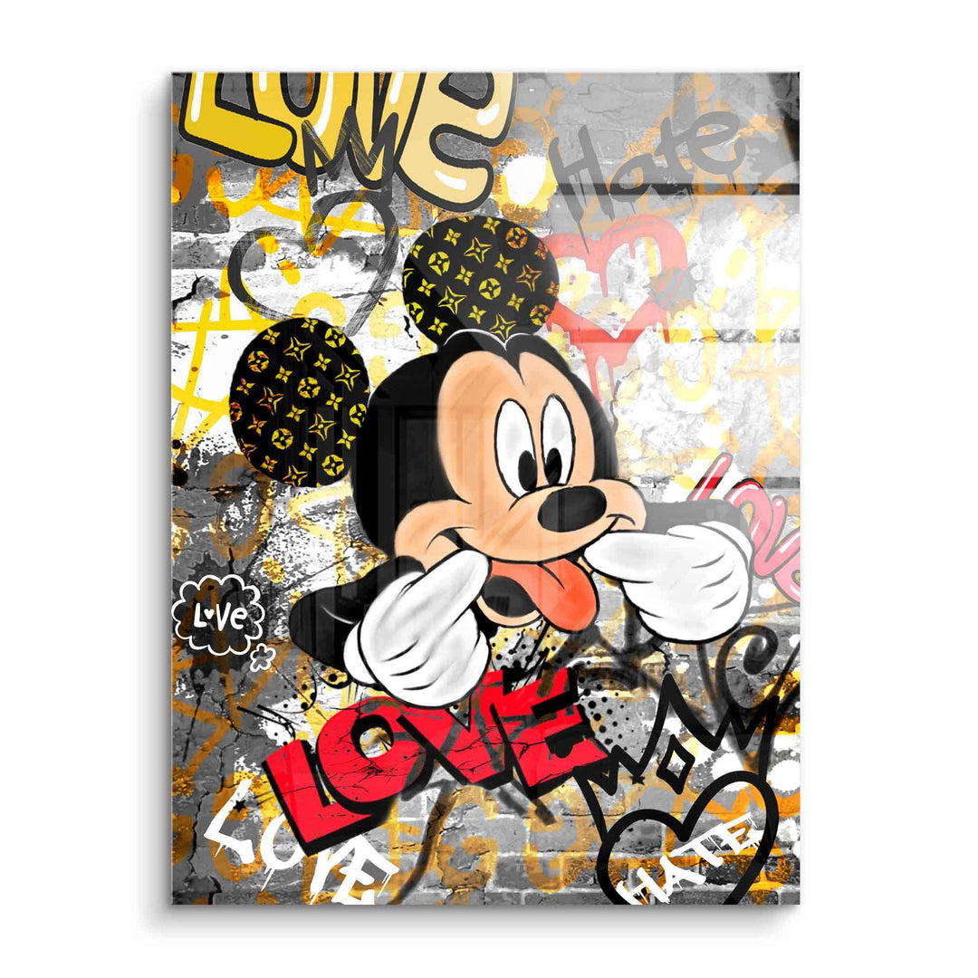 Freches Comic-Wandbild mit Mausmotiv, Graffiti-Stil, bunte Schriftzüge wie Love und Herz