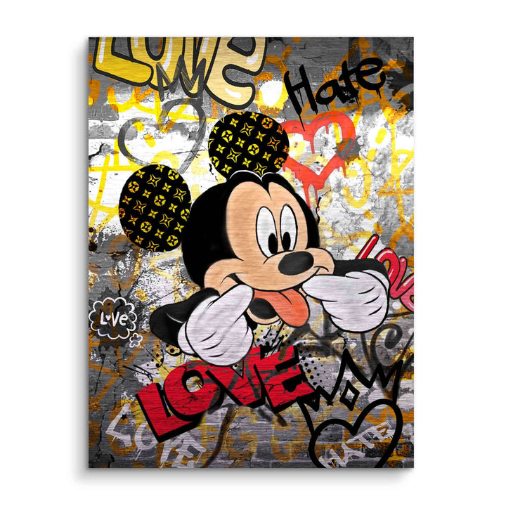 Modernes Wandbild mit frecher Comic-Maus, Graffiti-Love-Schrift und buntem Streetart-Hintergrund