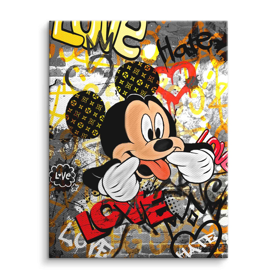 Graffiti Pop Art Leinwand mit frecher Comic-Maus, buntem LOVE-Schriftzug und Streetart-Elementen