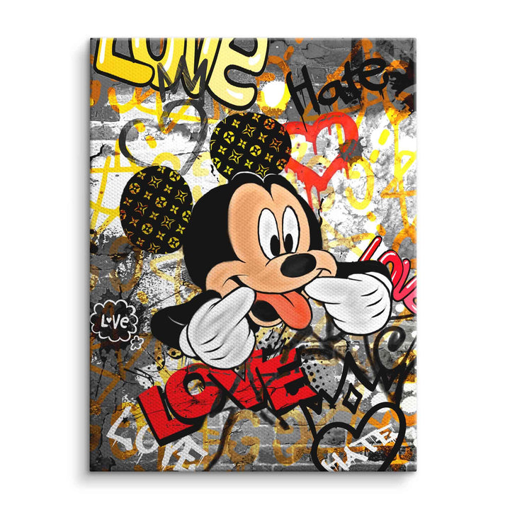 Graffiti Pop Art Leinwand mit frecher Comic-Maus, buntem LOVE-Schriftzug und Streetart-Elementen