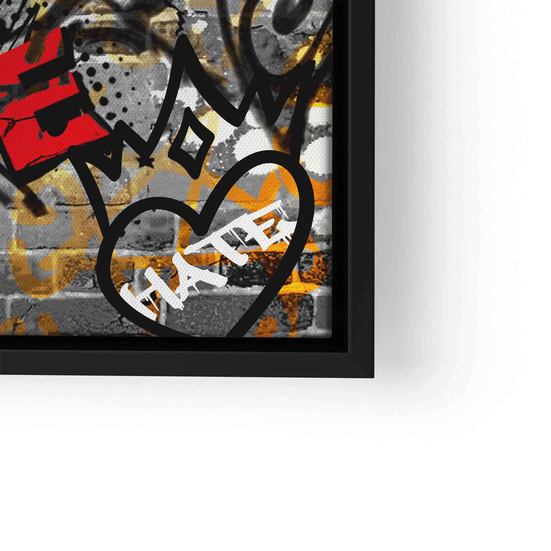Leinwandbild mit Graffiti, Herz mit Krone und Schriftzug HATE, Pop Art Stil