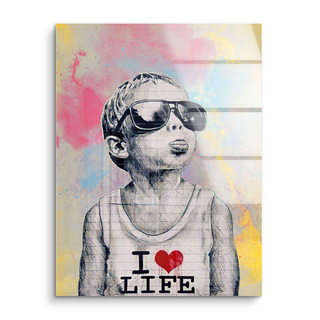 Wandbild mit Junge in Sonnenbrille und I Love Life Shirt, bunte Streetart