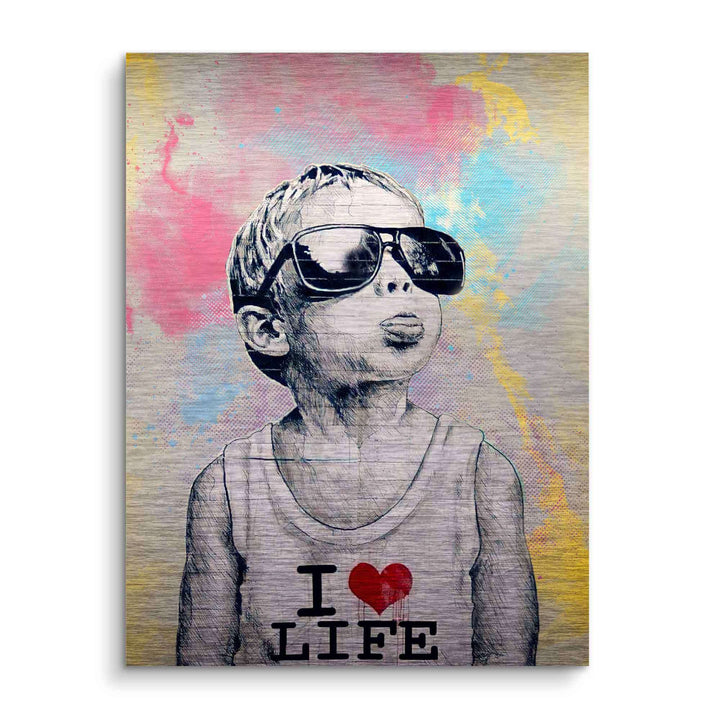 Wandbild mit frechem Jungen in Sonnenbrille, I Love Life Shirt, bunter Hintergrund, Pop Art