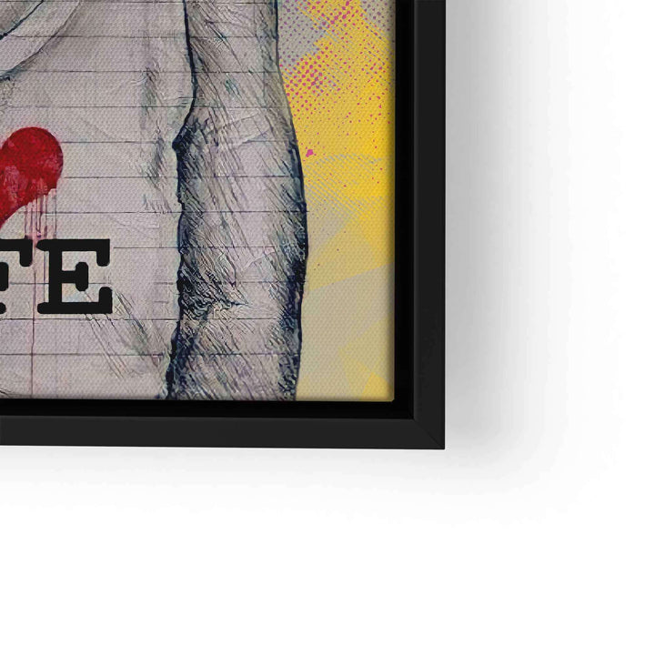 Leinwandbild mit Teil eines Jungen und Schriftzug I love life, bunte Pop Art, gelber Hintergrund