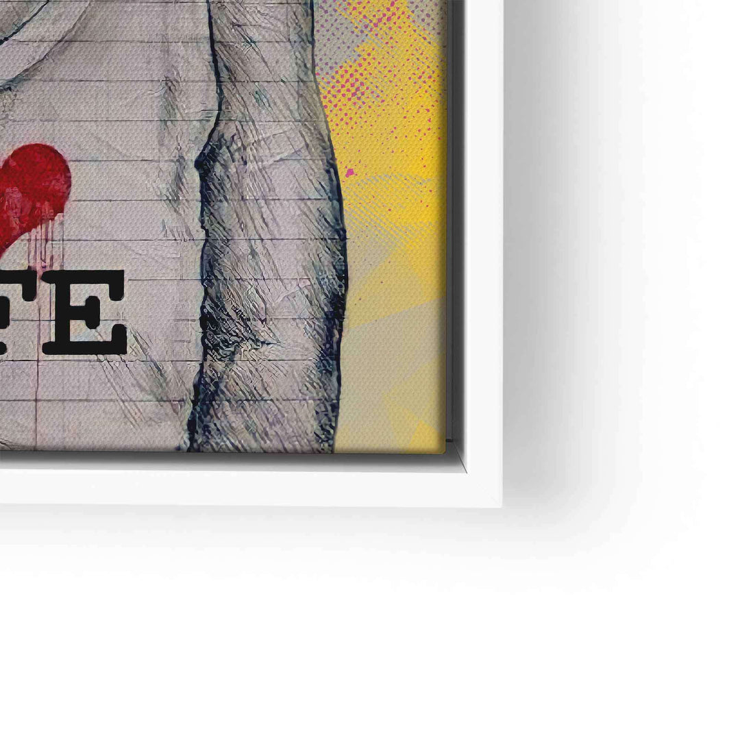 Modernes Wandbild mit gezeichneter Figur und Schriftzug I love life auf buntem Hintergrund