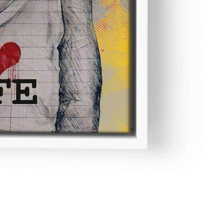 Modernes Wandbild mit gezeichneter Figur und Schriftzug I love life auf buntem Hintergrund