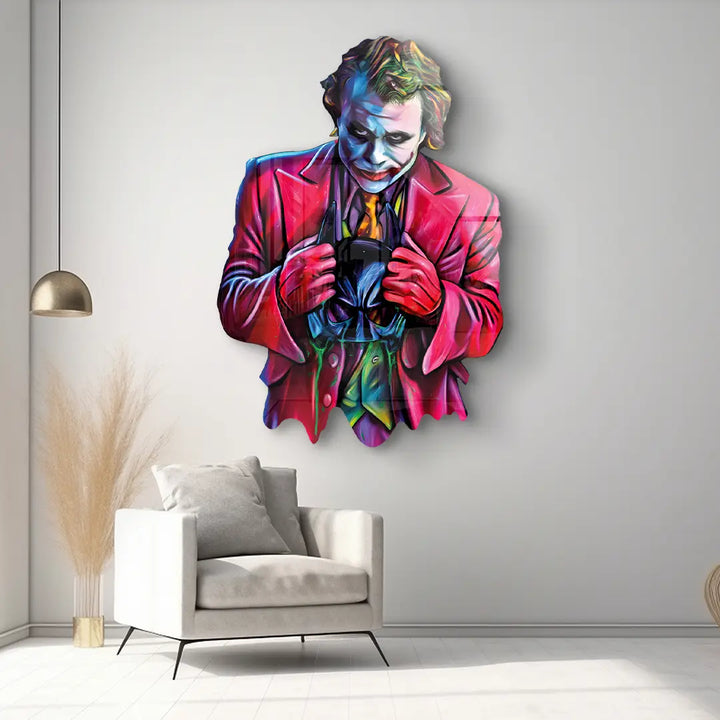 Modernes Wandbild mit farbenfrohem Joker Motiv im Wohnzimmer, Pop Art Kunstwerk
