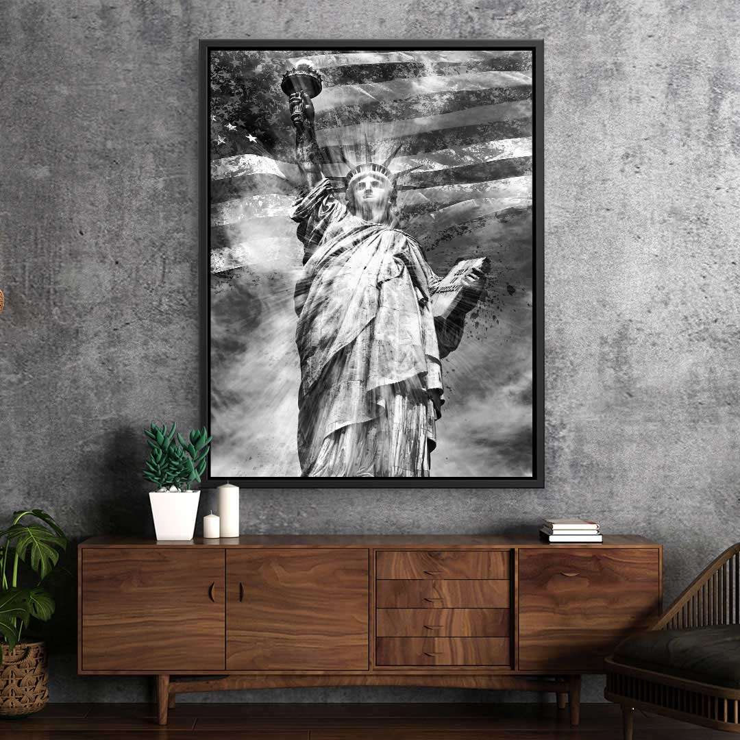 Wandbild Freiheitsstatue in Schwarz-Weiß mit amerikanischer Flagge für modernes Wohnzimmer