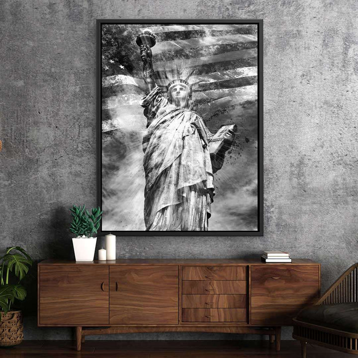 Wandbild Freiheitsstatue in Schwarz-Weiß mit amerikanischer Flagge für modernes Wohnzimmer