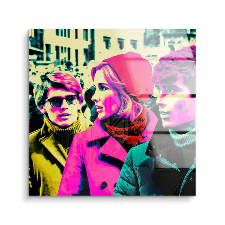 Modernes Acryl-Wandbild Pop Art, drei junge Menschen in farbenfrohem Design, urbaner Hintergrund