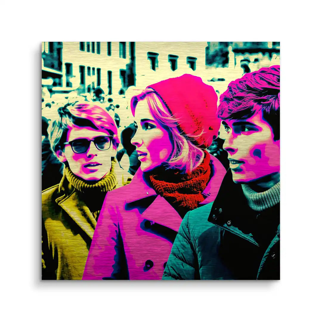 Pop Art Wandbild mit drei jungen Menschen in bunten Farben auf belebter Straße