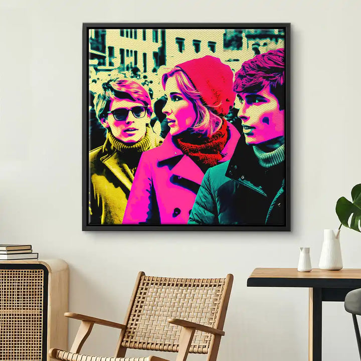 Pop Art Wandbild mit drei jungen Menschen in leuchtenden Farben, modernes Wohnzimmer