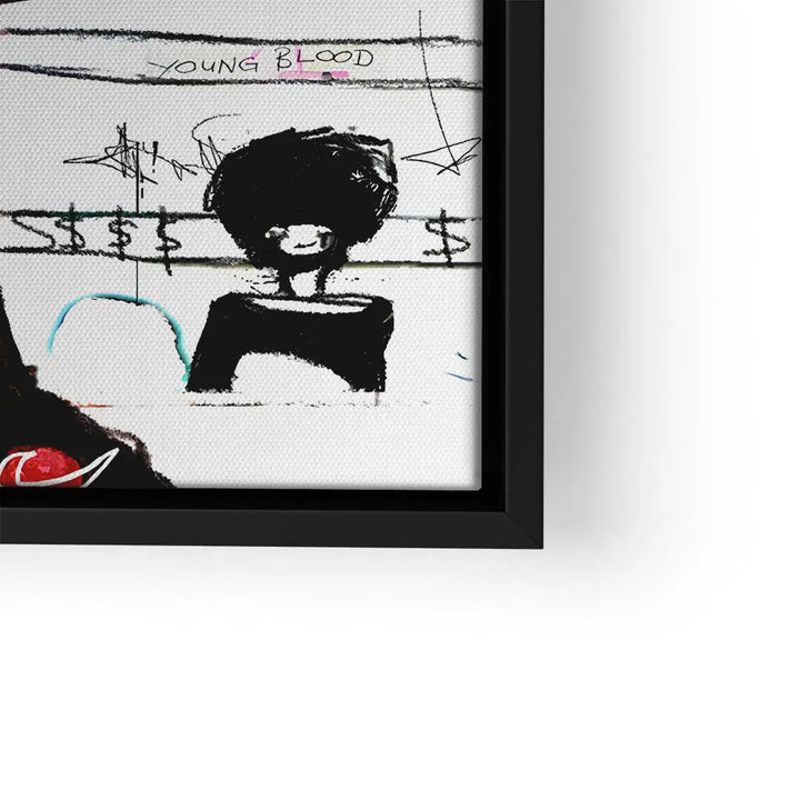 Modernes Wandbild mit abstraktem Porträt, schwarzem Rahmen, Graffiti-Elementen und Dollarzeichen