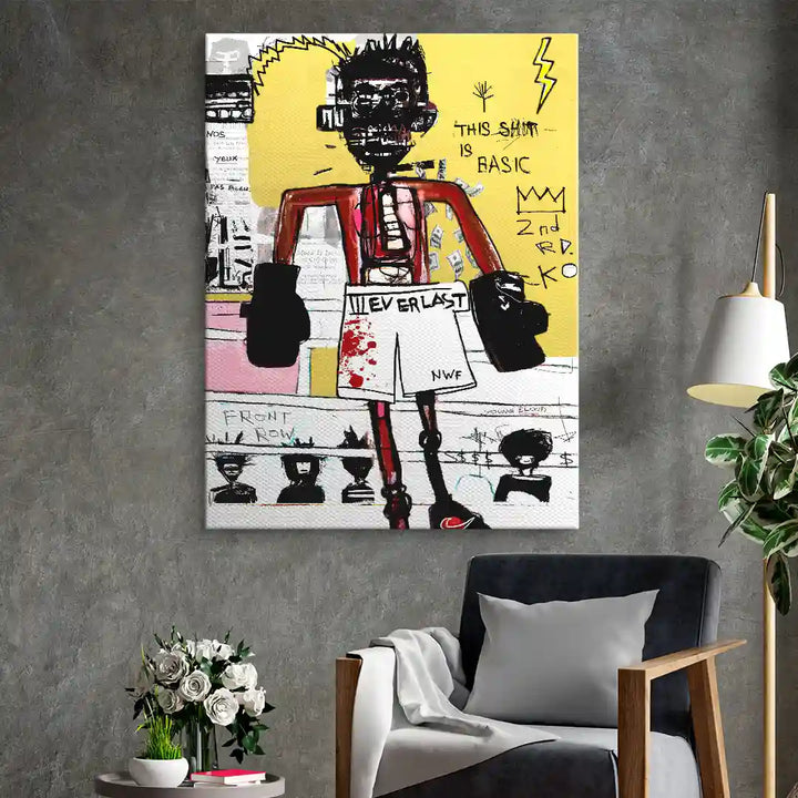 Modernes Wandbild mit abstrakter Boxer-Figur im urbanen Graffiti-Stil vor gelbem Hintergrund