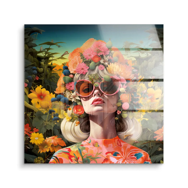 Kunst-Wandbild Frau mit Blumenhut, bunter Sommergarten, Acrylglas, moderne Kunst