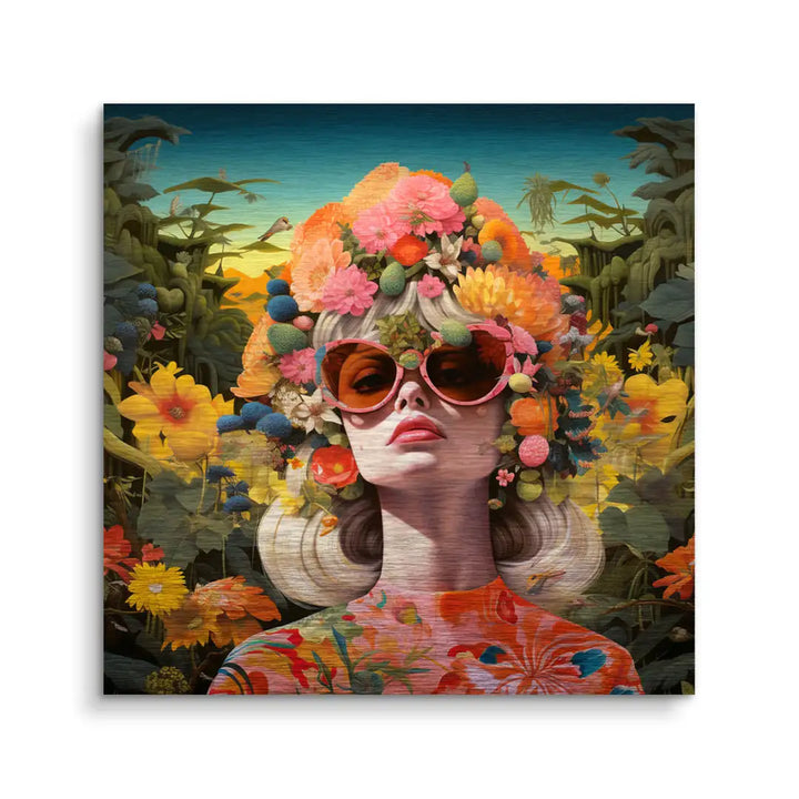 Frau mit Blumenkrone und Sonnenbrille, buntes Wandbild im Garten Eden Stil, florale Kunst