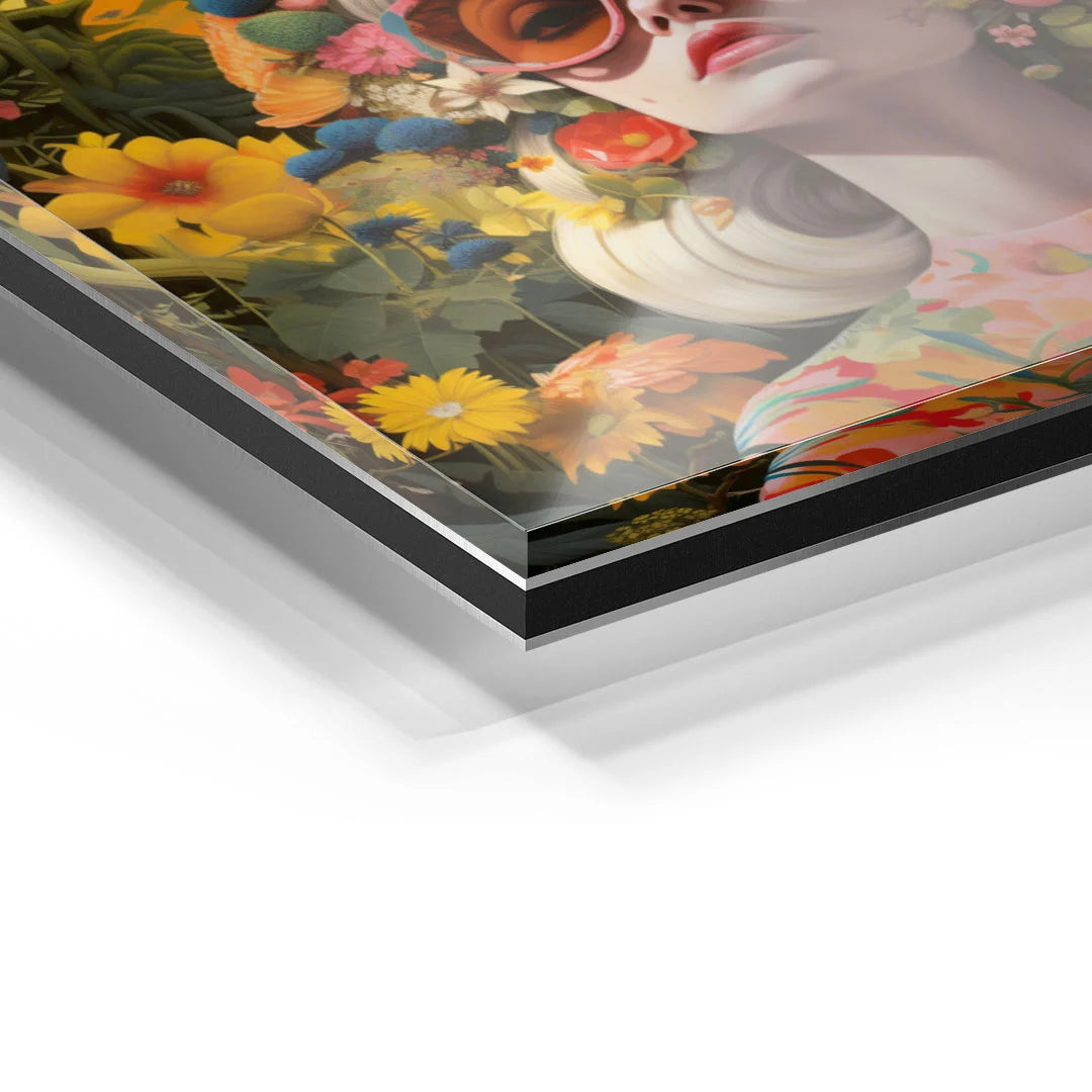 Detail eines Acrylglas-Wandbilds mit bunter Frau und Blumen im modernen Kunststil