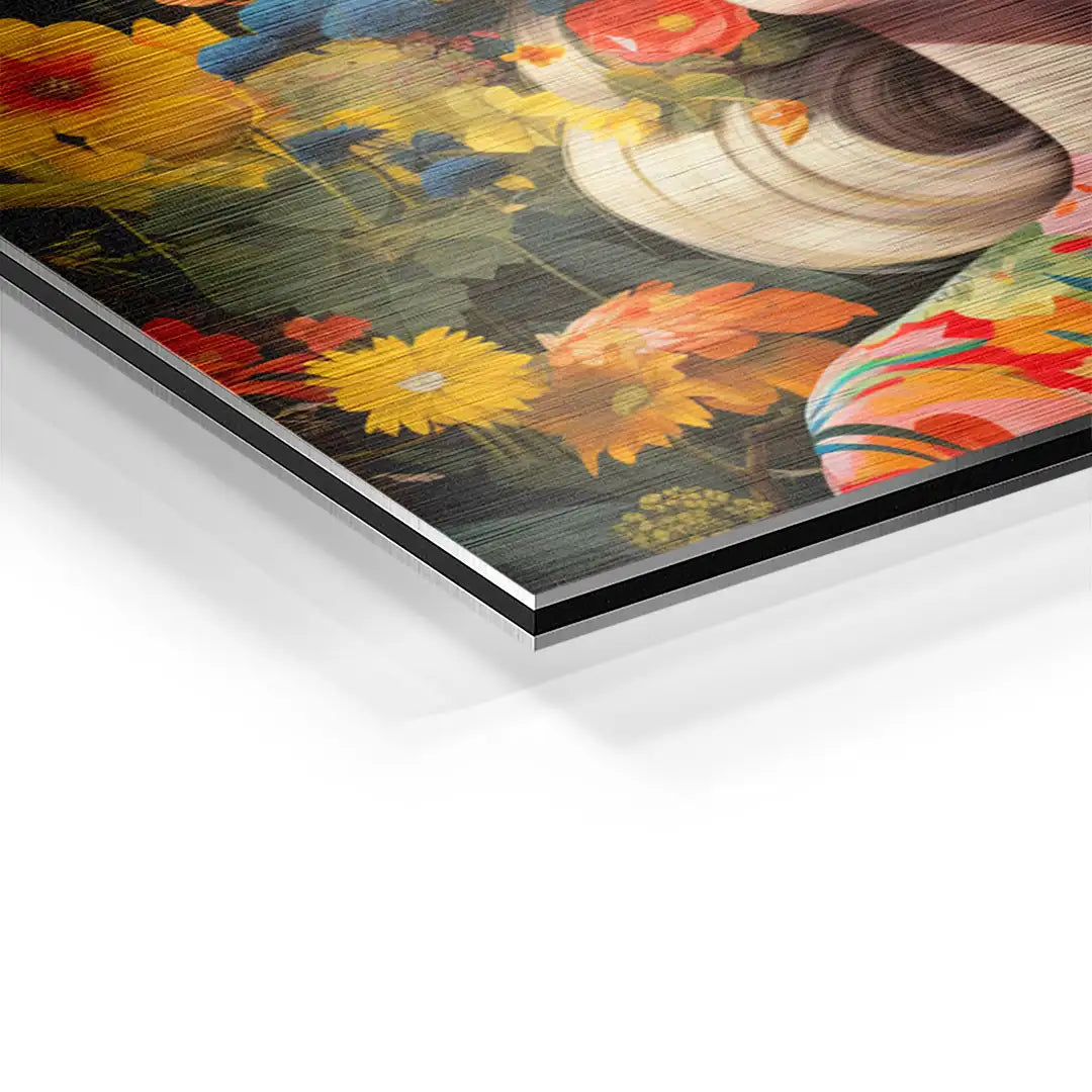 Detailaufnahme Wandbild auf Aluminium mit bunten Blumen und abstrakten Elementen