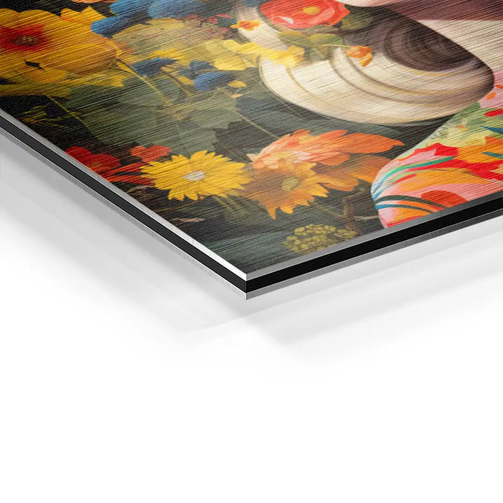Detailaufnahme Wandbild auf Aluminium mit bunten Blumen und abstrakten Elementen