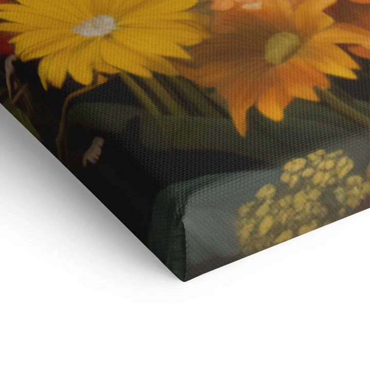Detailansicht Leinwandbild mit gelben Blumen, florales Wandbild auf Keilrahmen