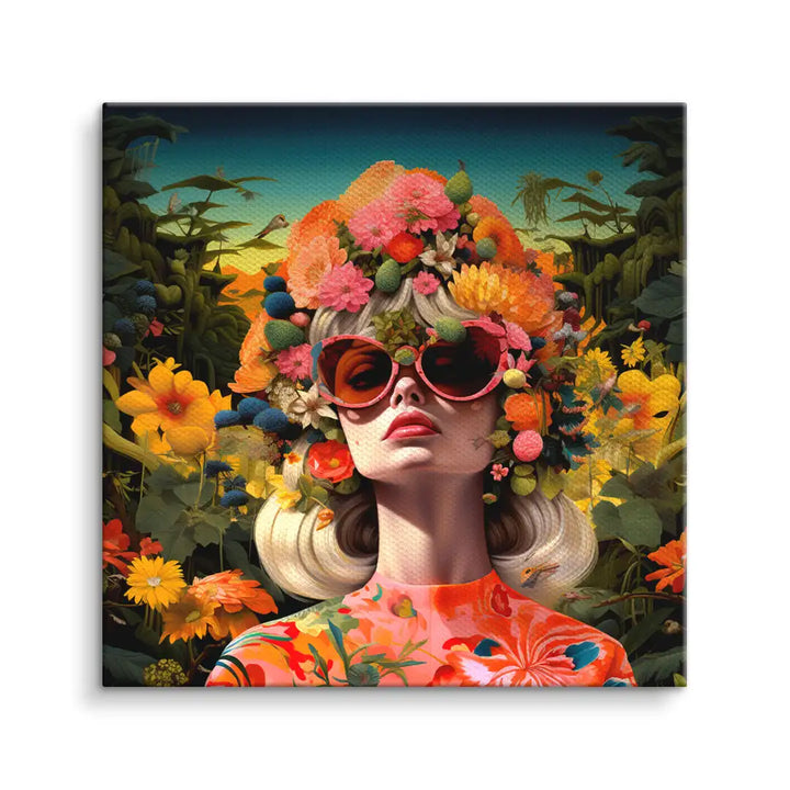Kunstvolles Wandbild Frau mit Blumenkrone, Sonnenbrille und buntem Blumenmuster, Gartenmotiv