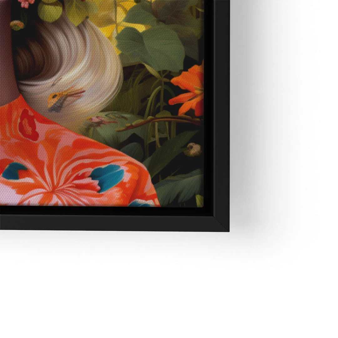 Buntes Wandbild mit Frau im roten floralem Kleid, grüne Blätter und orange Blumen