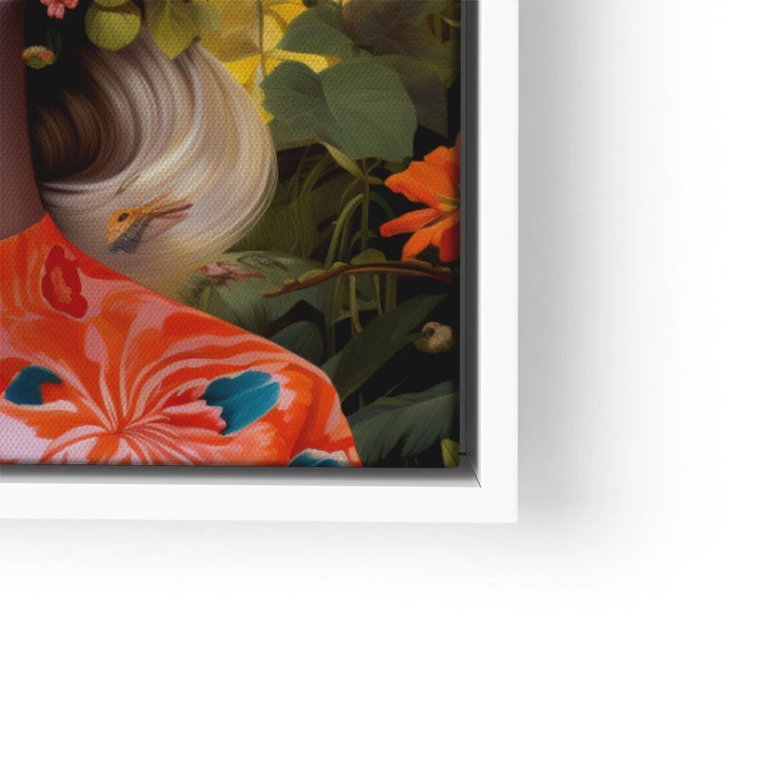 Detail eines Wandbilds, Frau mit Blumenmuster und exotischen Pflanzen im Hintergrund