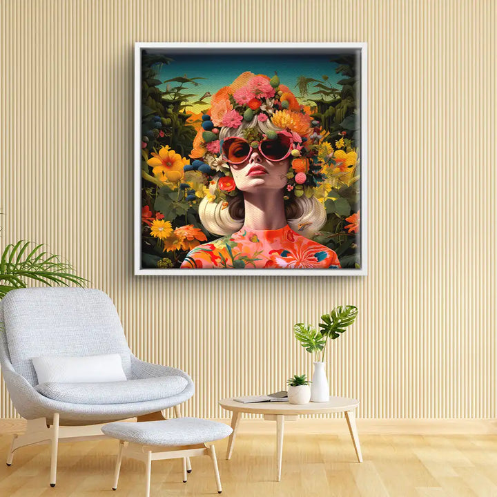 Modernes Wandbild mit stilisierter Frau, bunte Blumen im Haar, leuchtende Farben, Wohnzimmer-Deko