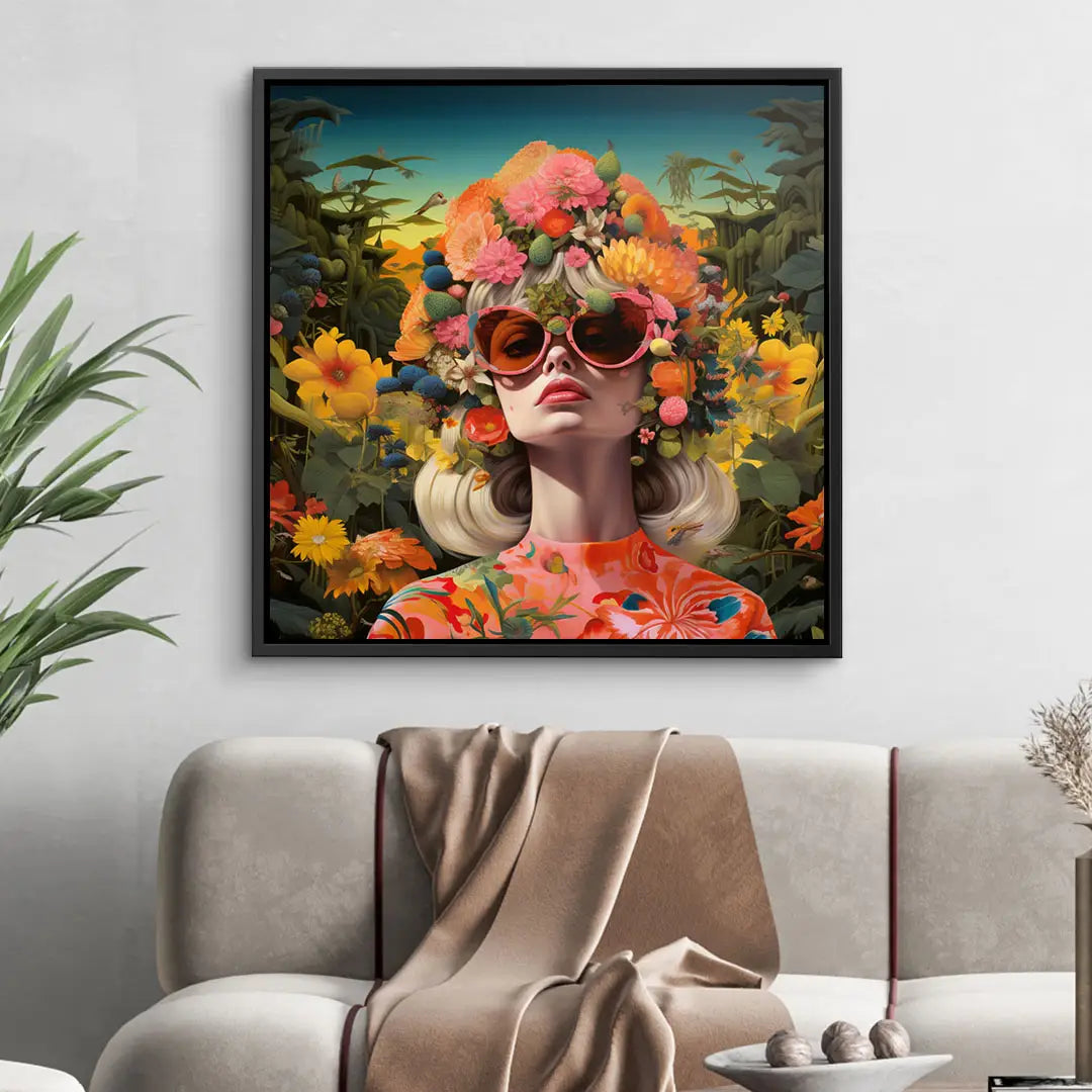 Modernes Wandbild mit Frau im Blumenmeer, bunter Blumenkopfschmuck und Sonnenbrille